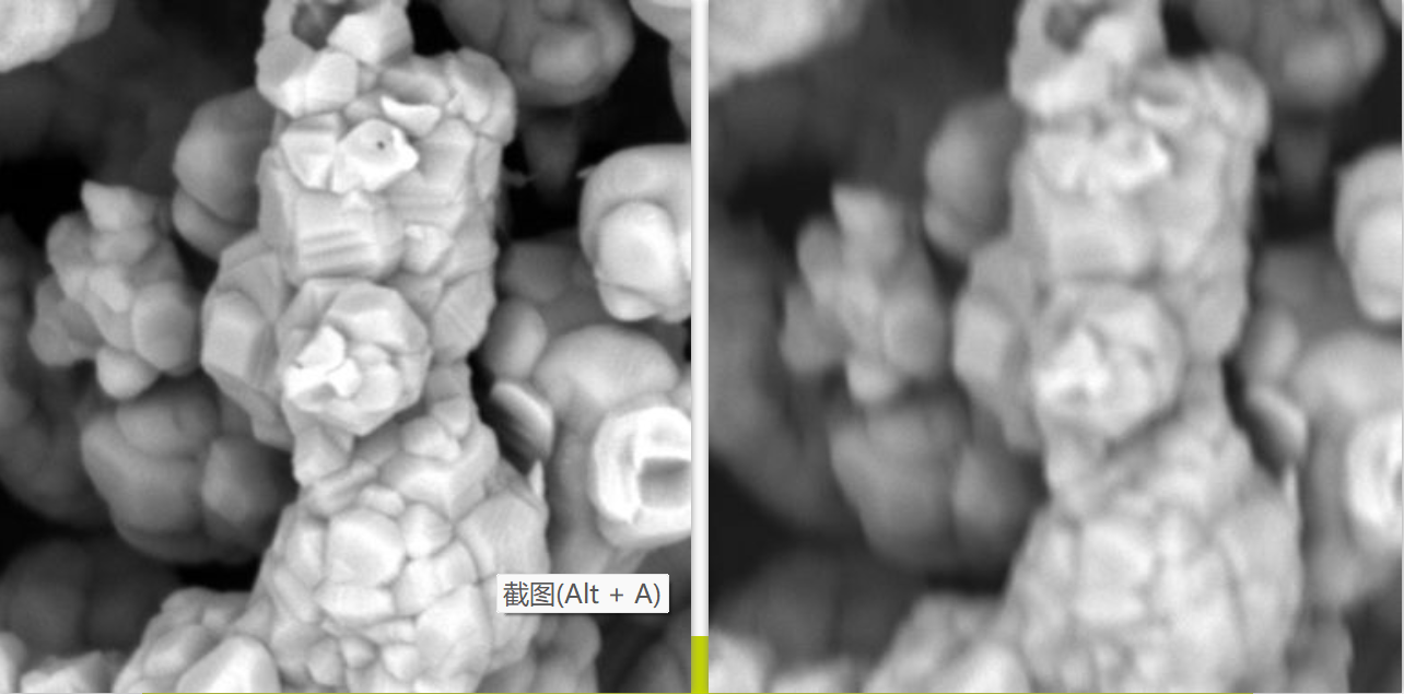 電極材料，掃描電鏡放大倍數(shù) 50000 倍，左邊圖像無像散，右邊圖片有像散